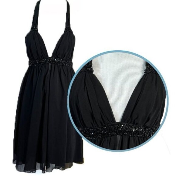 VTG y2K ABS Allen Schwartz Cocktail‎ Dress Size 2 Babydoll Halter Beaded LBD - Picture 1 of 14
